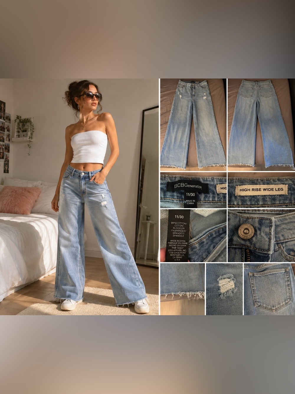 BCBGeneration Light Blue High-Rise Wide-Leg Distressed Raw Hem Jeans